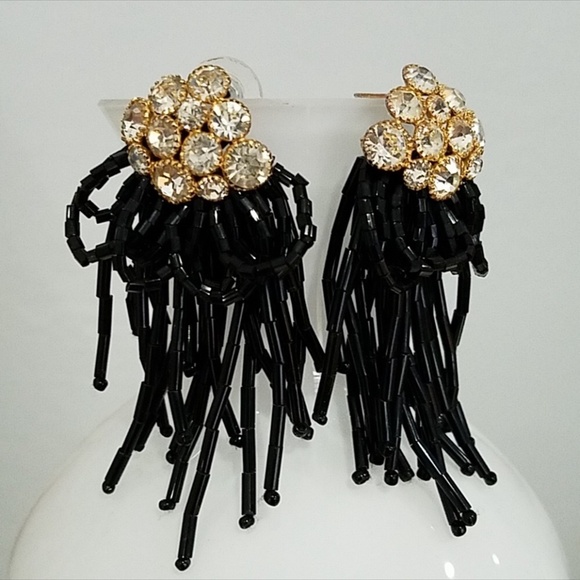 VINTAGE GEM WITH BLACK BEAD FRINGE EARRINGS - Picture 1 of 5